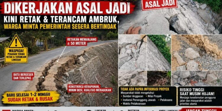 Proyek Penahan Tebing Jalan Provinsi Tanjung Bulan Diduga Dikerjakan Asal Jadi, Kini Retak & Terancam Ambruk!
